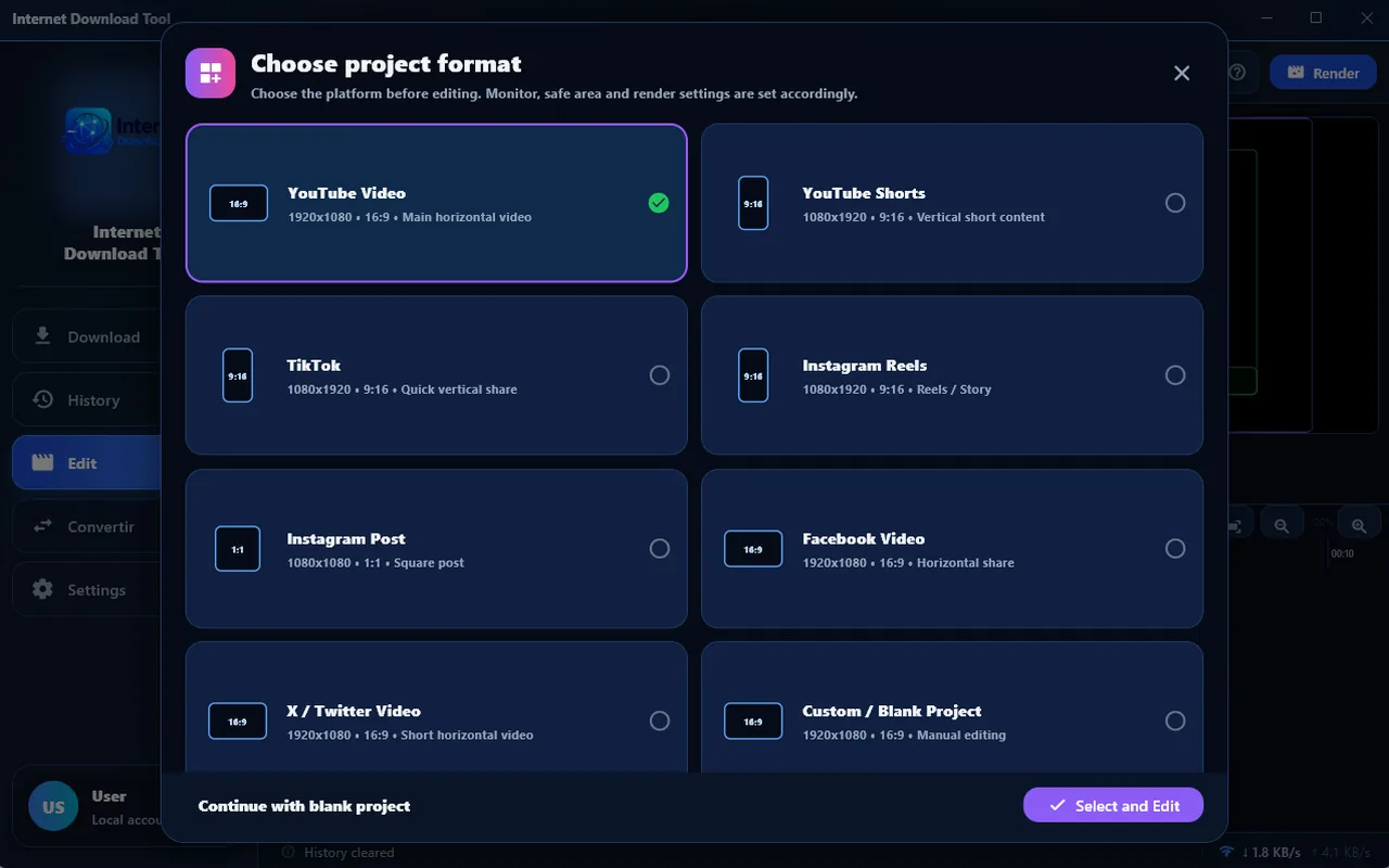 Internet Download Tool project format selection screen
