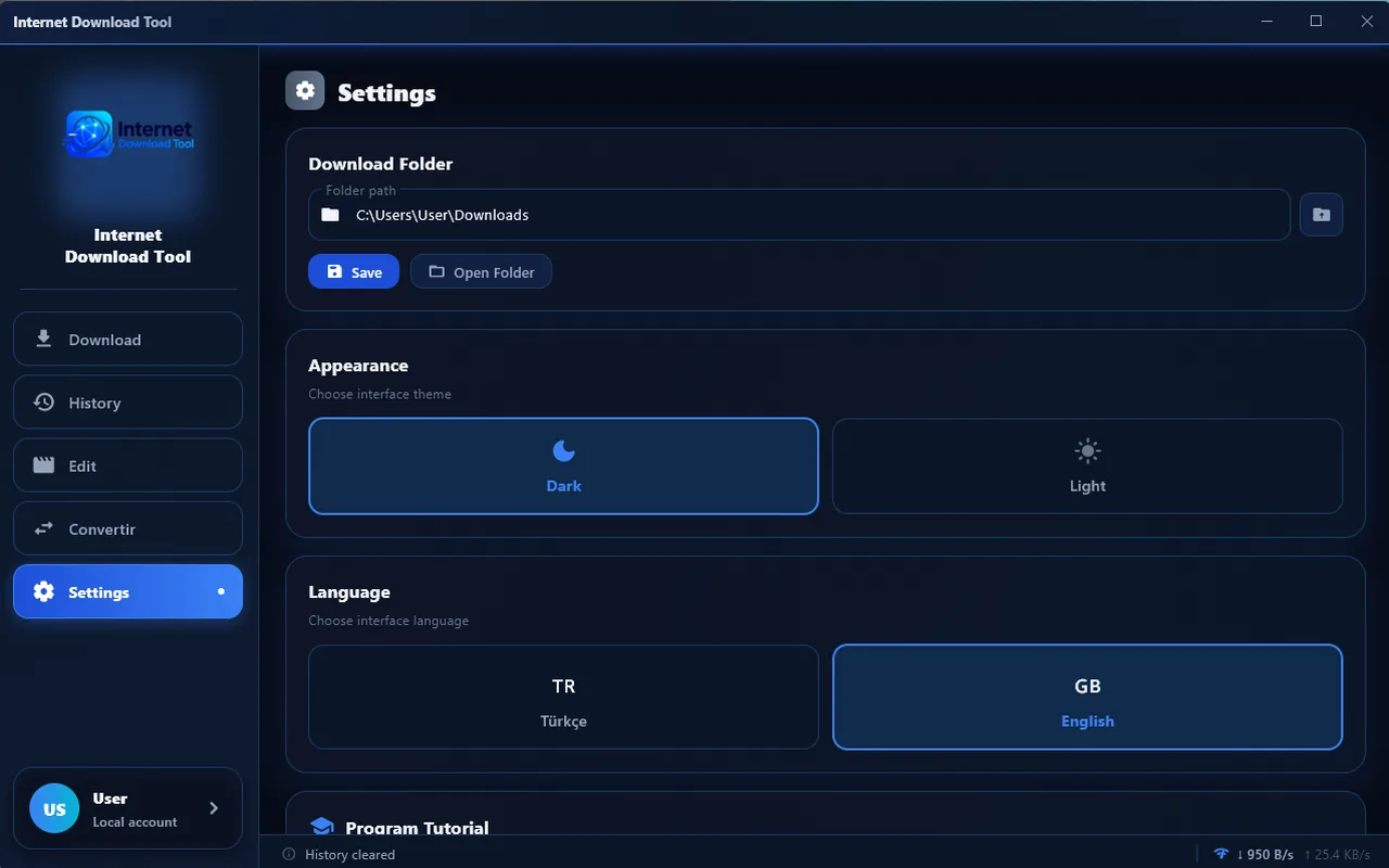 Internet Download Tool settings and language screen